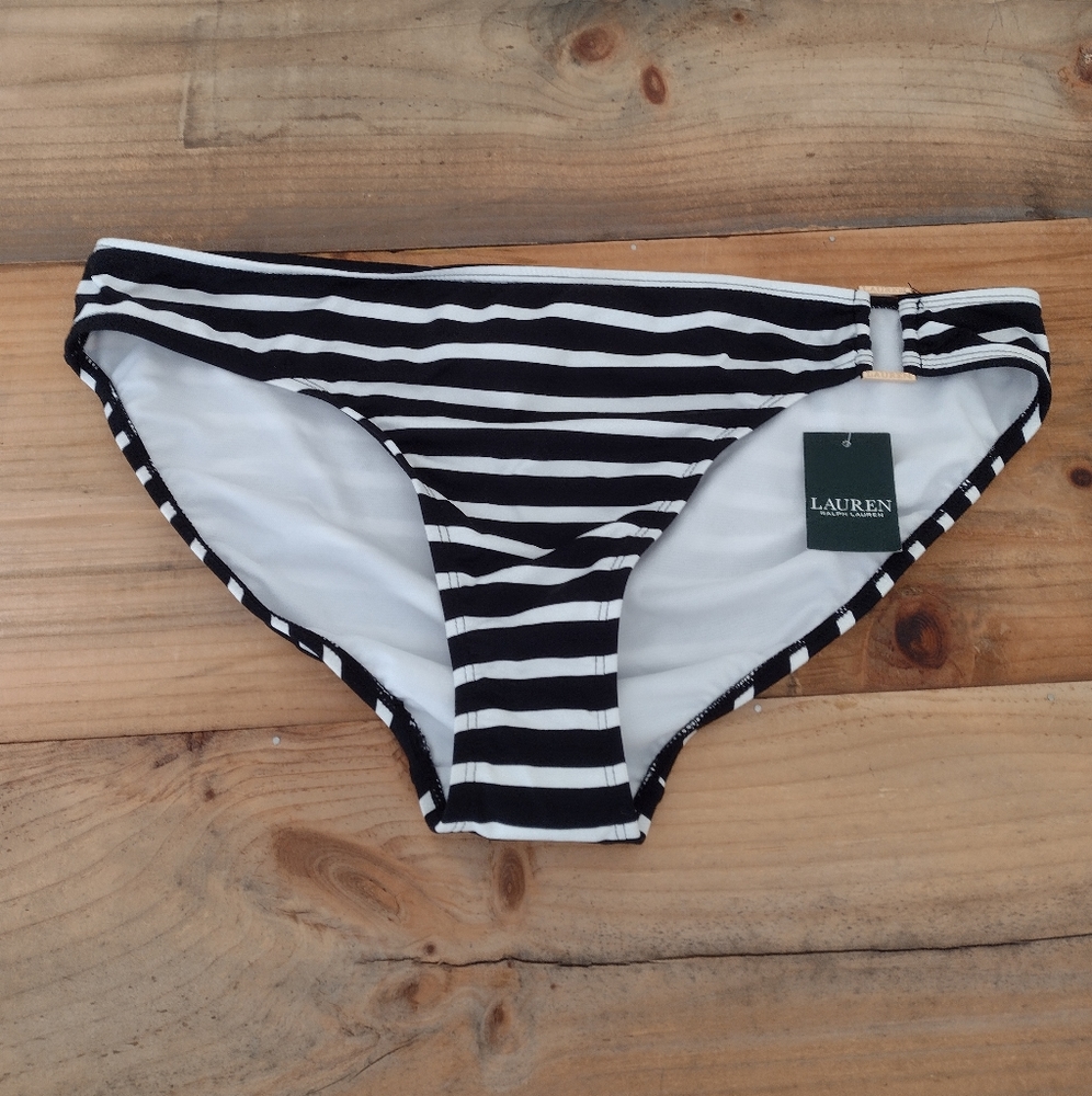 Ralph Lauren Navy Ring Striped Tab Side Hipster Bikini Bottom NWT Size 16